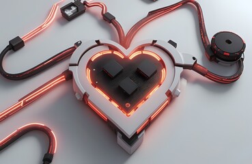 Heart-shaped high-tech security chipset on white background