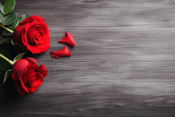 Passionate Valentine's Day: Red Rose and Petals on Elegant Black Wood - Created with Generative AI Tools