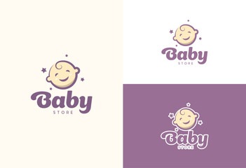 smiling baby head logo, baby care, baby shop design vector illustration - obrazy, fototapety, plakaty