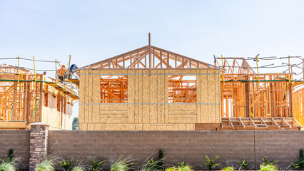 Exterior view of single family homes under construction, San Francisco Bay Area, California