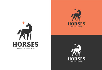 horse silhouette logo, horse logo simple elegant and clean vector illustration design looking at the stars like a dream