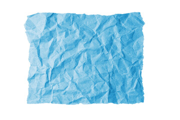 Blue crumpled rectangle sheet of paper with torn edge isolated on white, transparent background,...