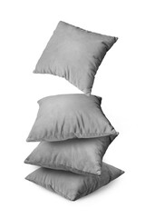 Fototapeta na wymiar Stack of gray pillows isolated on white, transparent background, PNG. Pile of decorative cushions for sleeping and resting, home interior, house decor.