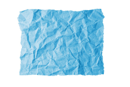 Blue crumpled rectangle sheet of paper with torn edge isolated on white, transparent background, PNG. Recycled craft paper wrinkled, creased texture, grunge border. Template, mockup, copy space