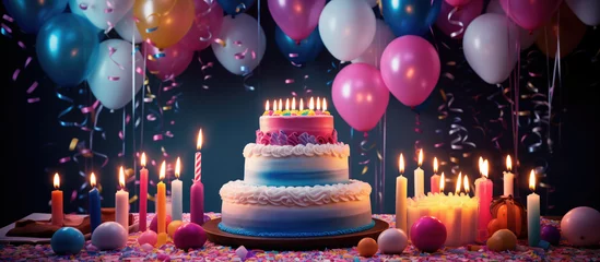 Fotobehang Birthday cake with candles and balloons © Igor