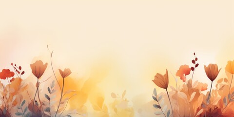 Generative AI image of Watercolor background autumn with flowers on yellow background vectorial - obrazy, fototapety, plakaty