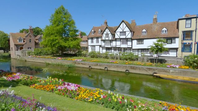 Colorful blooming flower beds and charming old timbered houses on the banks of slowly flowing River Stour. Idyllic scenery in picturesque medieval historic town of Canterbury on a sunny summer day.