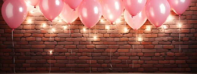 brick wall background adorned with lights and pink balloons
