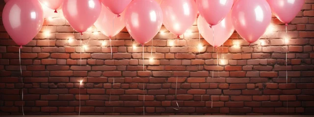 Foto op Aluminium brick wall background adorned with lights and pink balloons © Simone