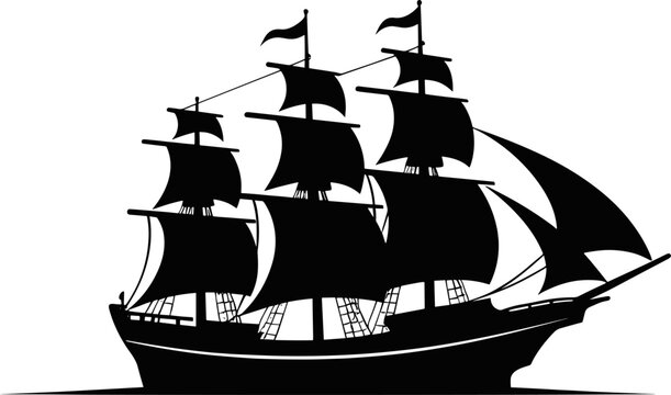 Brigantine boat sailing in sea waters isolated sailboat with fiberglass cloth and flags. Vector monochrome marine yacht. AI generated illustration.