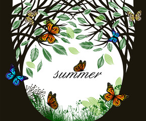 Summer trees with butterflies. hand drawing. Not AI. Vector illustration