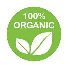 100% Organic green icon. Bio label vector. Round emblem icon for products packaging. Label, sticker or seal icon for products and websites. Premium quality, healthy 100% organic food natural products.
