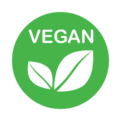 Vegan green vector icon. Organic, bio, eco symbol. Vegan, no meat, lactose free, healthy, fresh and nonviolent food. Round green vector illustration with leaves for stickers, labels, web and logos.