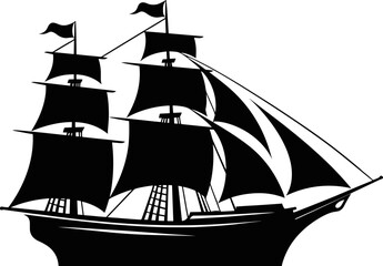 Pirate Ship, sailing ship under the black flag. Ship vector logo design template. sailboat or frigate icon. yacht. Silhouette. vector illustration. AI generated illustration. - obrazy, fototapety, plakaty