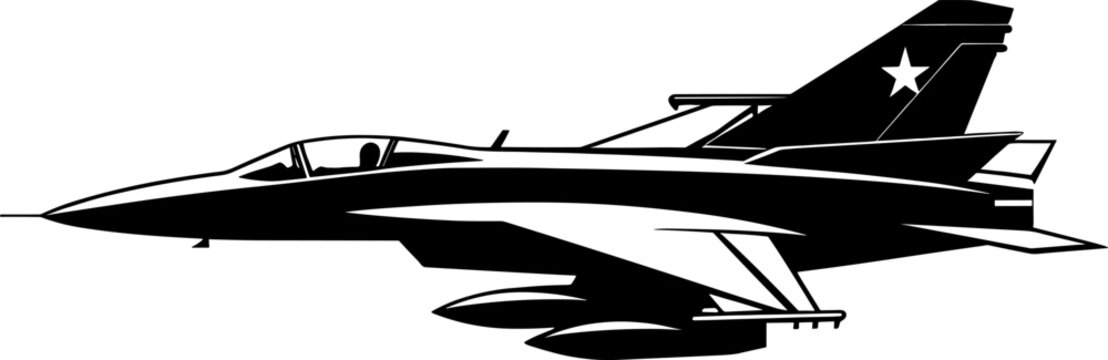 Jet fighter black silhoutte. Plane icon sign or symbol. Airplane missile bomber logo. Military stealth aircraft. Air force aviation. AI generated illustration.