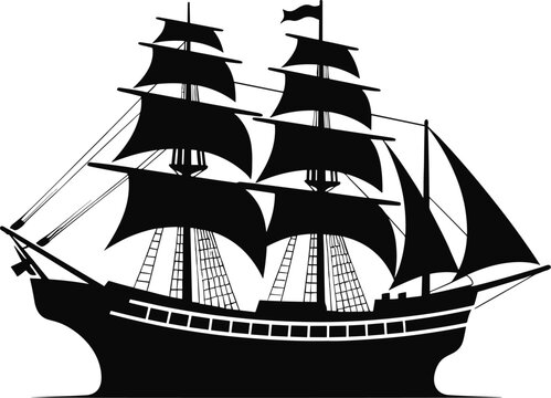 Pirate Ship, sailing ship under the black flag. Ship vector logo design template. sailboat or frigate icon. yacht. Silhouette. vector illustration. AI generated illustration.