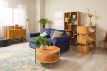 Interior of modern room with comfortable sofa, coffee table and houseplant