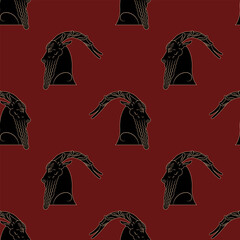 Seamless monochrome animal pattern with silhouetted heads of goat in profile. Ancient Greek ethnic design. Vase painting style. Black silhouettes on red background.