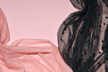 Fine feminine transparent fabrics, pastel pink and black tulle, neckline shape, creative aesthetic...