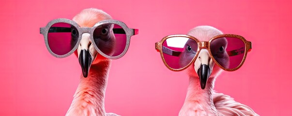 Funny Flamingo Duo with Comical Sunglasses, Pink Background