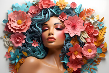 Create a 3D papercraft-style rendering of a woman with colorful flowers in her hair,