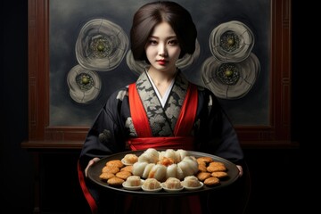 a woman in a traditional Korean dress holds a plate in front of her traditional korean food. Asia - obrazy, fototapety, plakaty