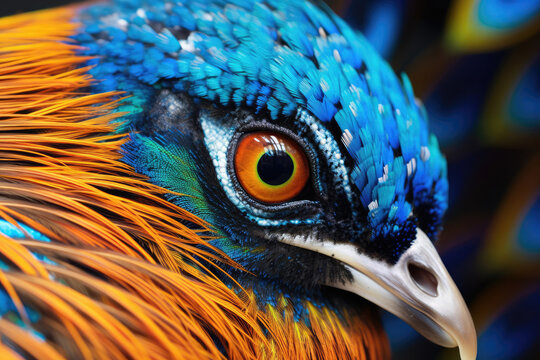 Macro close up photo of bird of paradise in turquoise, blue, red, orange and yellow colors