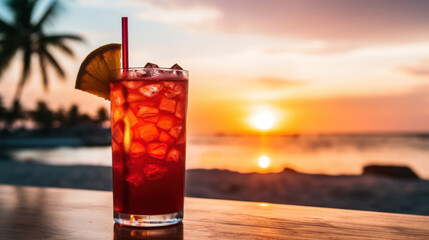 Red cocktail with ice, sunset at the ocean tropical beach
