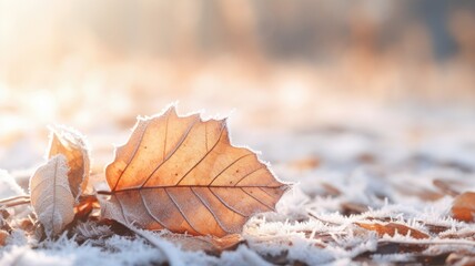 Frosted autumn leaf on a cold morning with sunlight