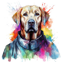 Labrador judge, illustration, saturated colours, watercolour style on white background, watercolor Labrador, isolated