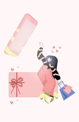 Person shopping online, ordering products and gifts from shops and stores from internet. Vector flat character with phone and shopping bag ordering and purchasing items from web, online.