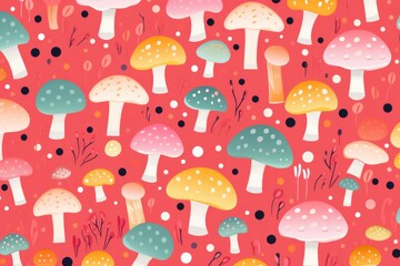 Watercolor illustrations of forest mushrooms pattern: fly agaric. Dried fly agaric for tea, magical rites on red background  - obrazy, fototapety, plakaty