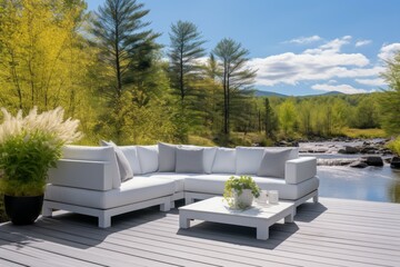 Fototapeta premium Large terrace patio with rattan garden furniture in the garden on wooden floor. 