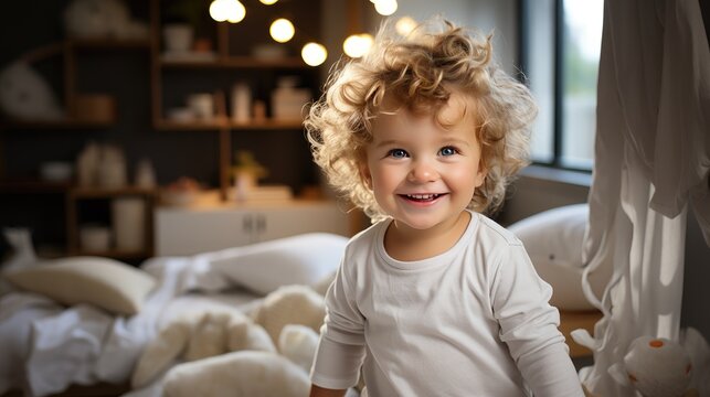 A baby stands in a white wooden crib in a bright children's room and smiles