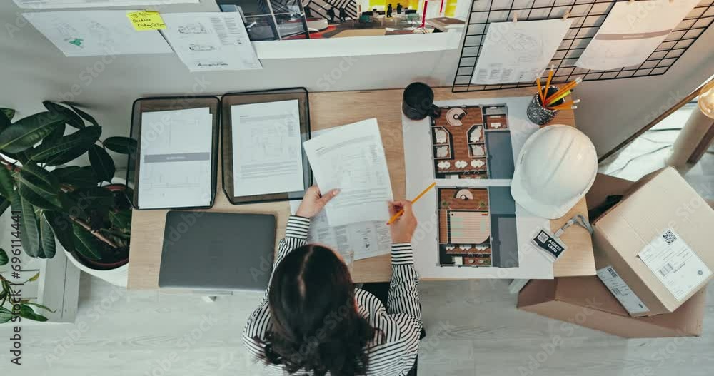 Poster business woman, architecture and writing ideas, planning blueprint or sketch at office desk for star