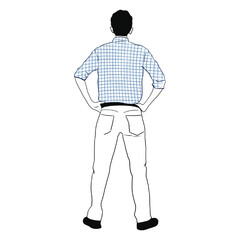Drawing of a man from behind looking at the horizon, man thinking with his hands on his hips, transparent background image