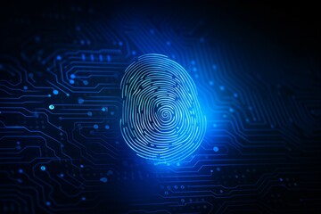Finger print as evidence of identity and as a password,
Finger print on blue motherboard background - obrazy, fototapety, plakaty