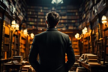 Bookish introspection Man with back turned, lost in library thoughts