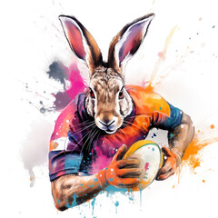 Hare rugby player style image, bright image, watercolour style on white background , watercolor rabbit, isolated on a white background 