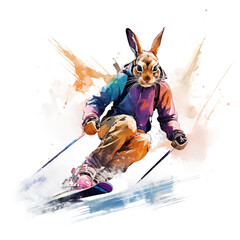 Hare skier style image, bright image, watercolour style on white background, watercolor rabbit, isolated on a white background 
