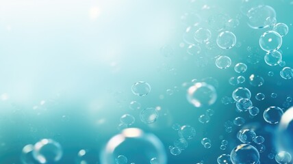 A collection of bubbles floating with a light blue backdrop