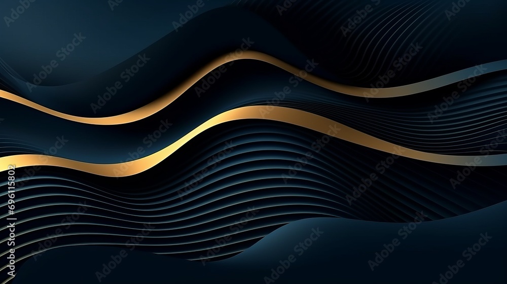 Wall mural 3D modern wave curve abstract presentation background. Luxury paper cut background. Abstract decoration, golden pattern, halftone gradients, 3d Vector illustration. Dark blue background.Design concept - Wall murals