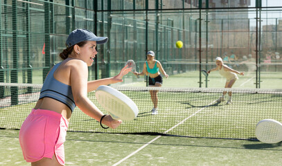 Sportive young woman and other members engaged in Padel Tennis in open-air court of tennis club