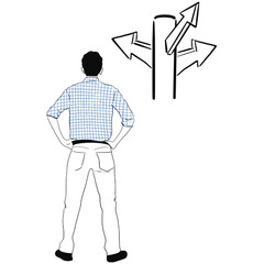 Man's back in front of a direction sign, lost man looking for direction, transparent background
