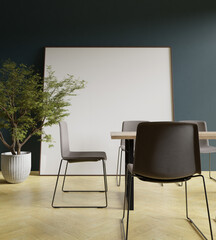 a square 200x200 frame mockup poster behind the dining table in the modern dining room with tree decoration