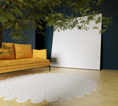 a square 200x200 frame mockup poster beside the orange sofa in the beautiful blue living room