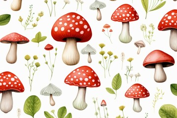 Seamless watercolor pattern of mushrooms. Russula, fly agaric, chanterelles, toadstools and snail. Poison mushroom. Botanical design for textile, packaging, wallpaper. - obrazy, fototapety, plakaty
