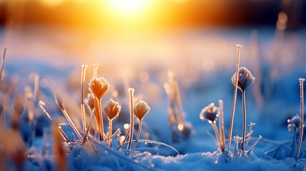 Winter Dawn: Frost-Cloaked Flora and Glistening Snow - obrazy, fototapety, plakaty