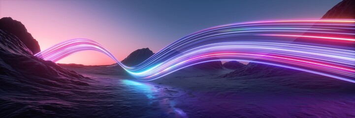 3d rendering. Aesthetic minimalist wallpaper. Surreal landscape: rocky mountains and neon dynamic lines in motion. Flowing energy concept. Glowing trajectory path. Abstract futuristic background © NeoLeo