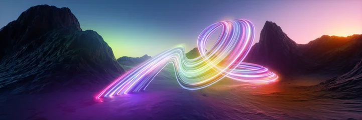 Fotobehang 3d render. Stunning aesthetic wallpaper. Surreal landscape: rocky mountains and neon curvy colorful lines in motion. Flowing energy concept. Glowing trajectory path. Abstract futuristic background © NeoLeo
